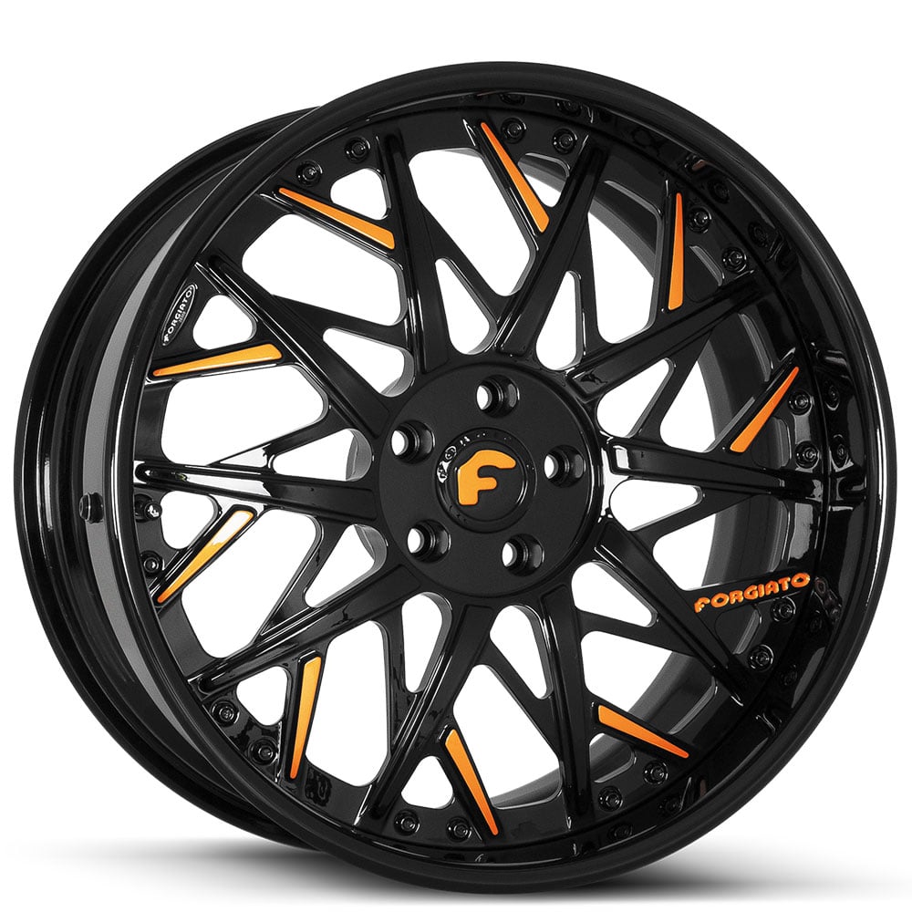 19" Staggered Forgiato Wheels Blocco Gloss Black with Mango Orange Accents Forged Rims