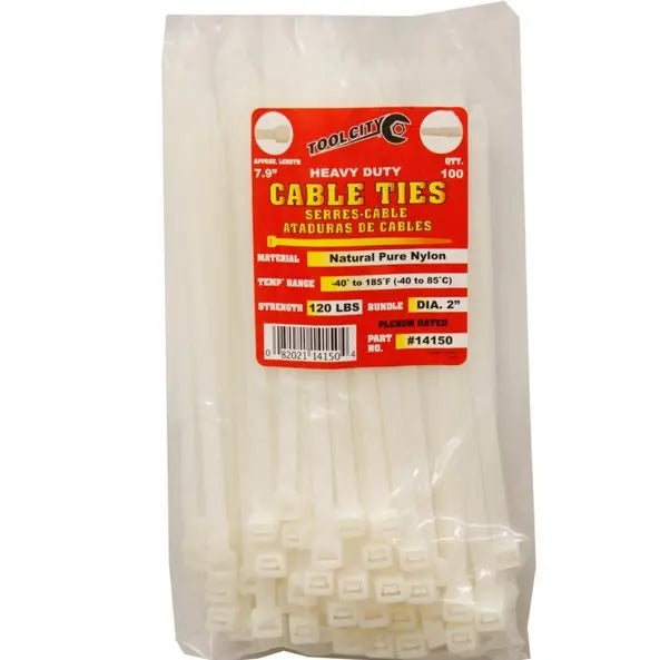 Tool City Natural 7.9" 120 lb. Tensile Heavy Duty Cable Ties, 100 Piece White