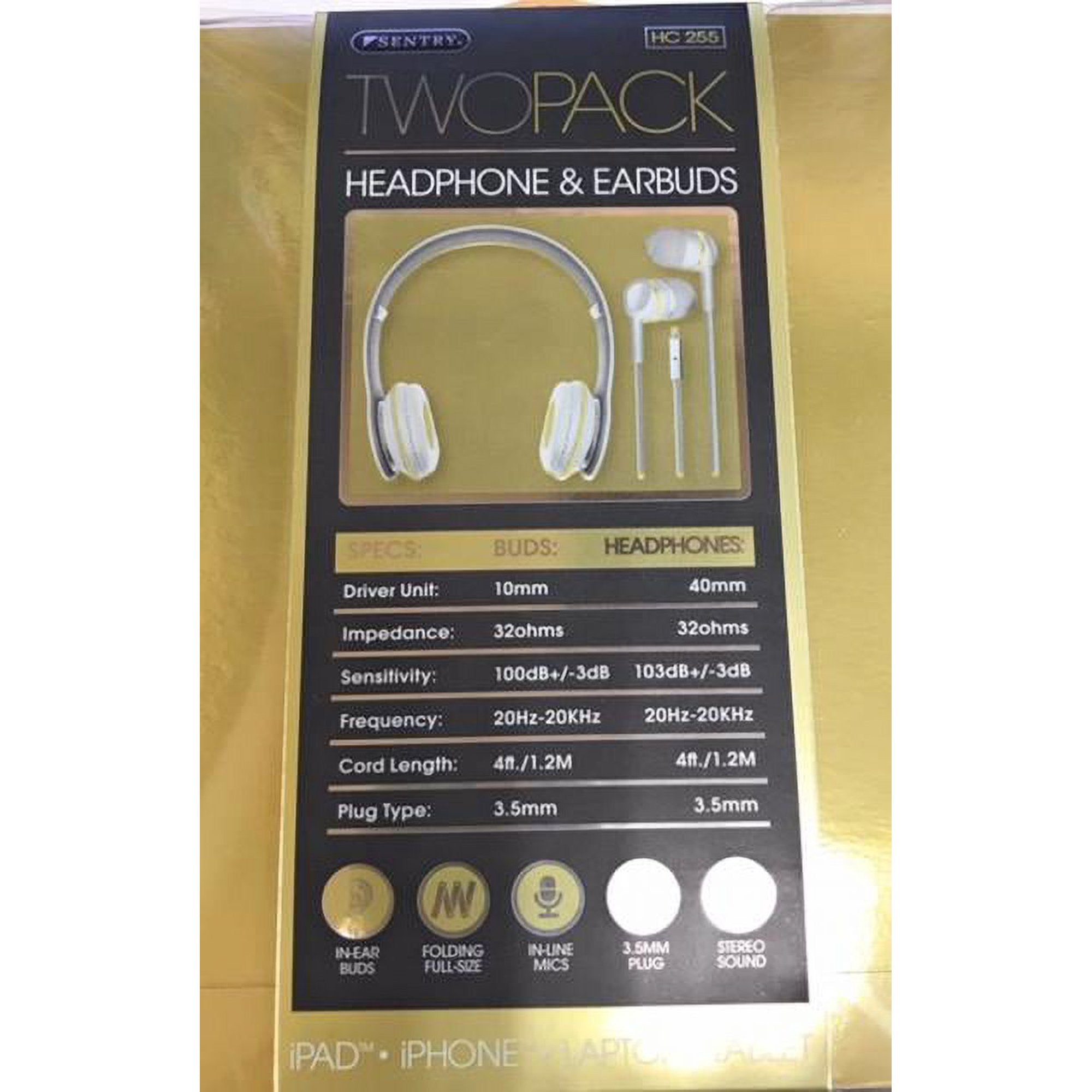 Sentry Two Pack Folding Headphones And Earbuds With In-line Mic