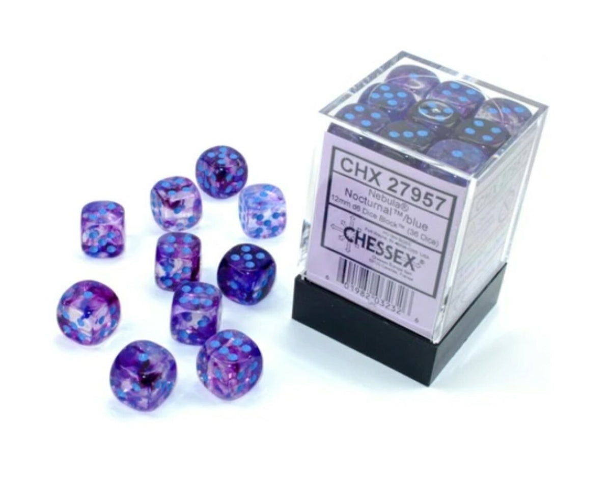 Chessex Nebula 12mm D6 Nocturnal/Blue W/Luminary Dice Block (36 Dice)