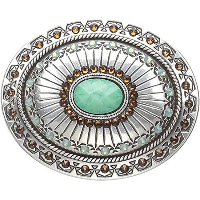 BR Womens Tribal Stamped Oval Buckle - Silver & Turquoise