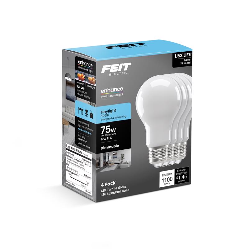 Feit A19 E26 (Medium) Filament LED Bulb Daylight 75 Watt Equivalence 4 pk