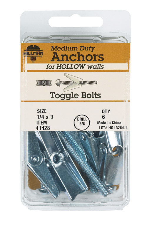 HILLMAN 1/4 in. D X 3 in. L Round Steel Toggle Bolt 6 pk