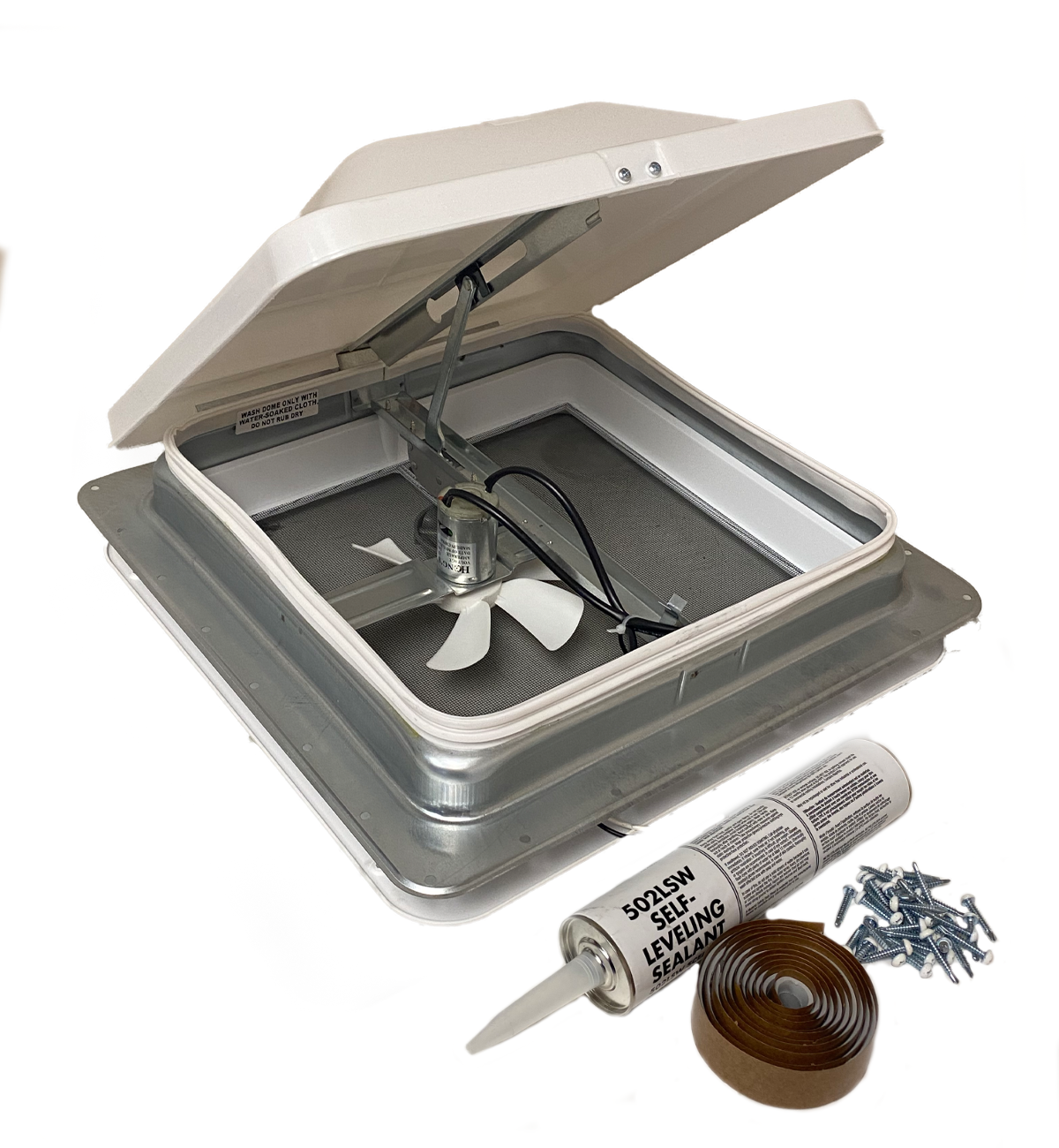 14" X 14" RV Roof Vent 12V Powered Fan White W/ Installation Accessories