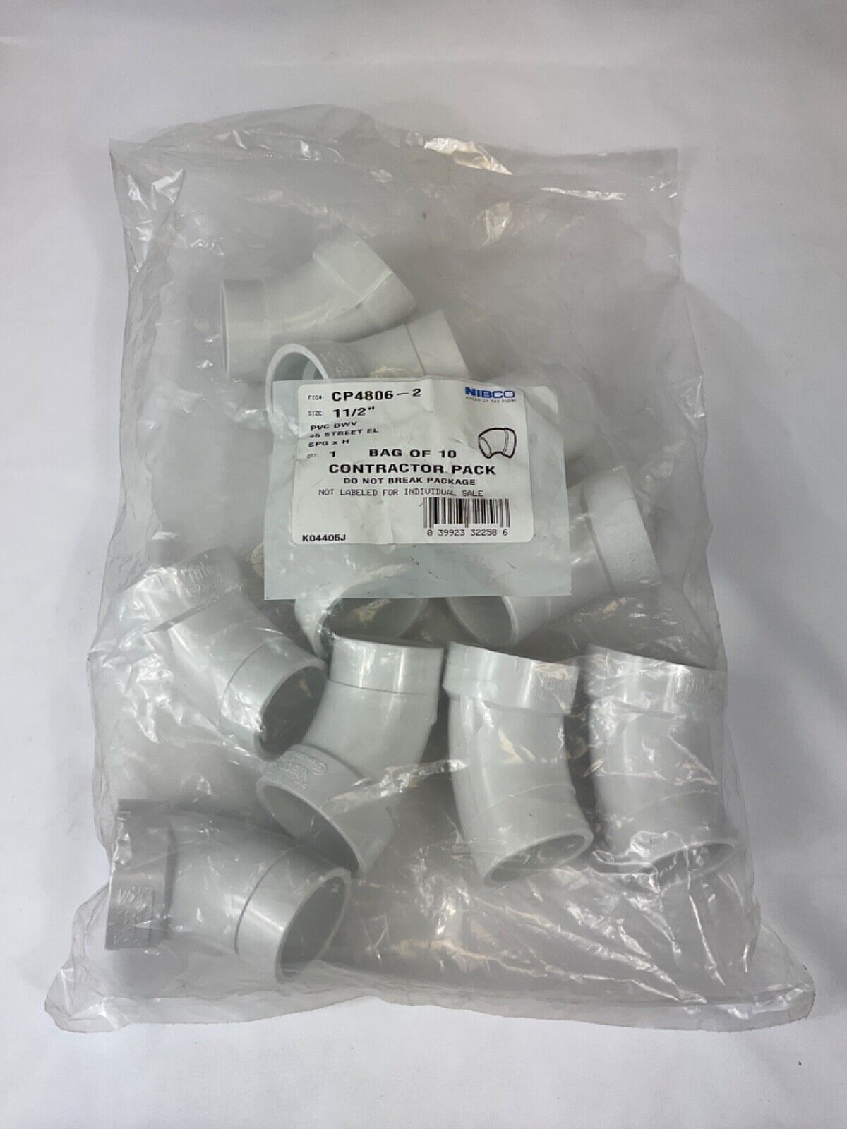 Nibco CP4806-2 1 1/2" PVC DWV 45 Street Elbow Bag of 10
