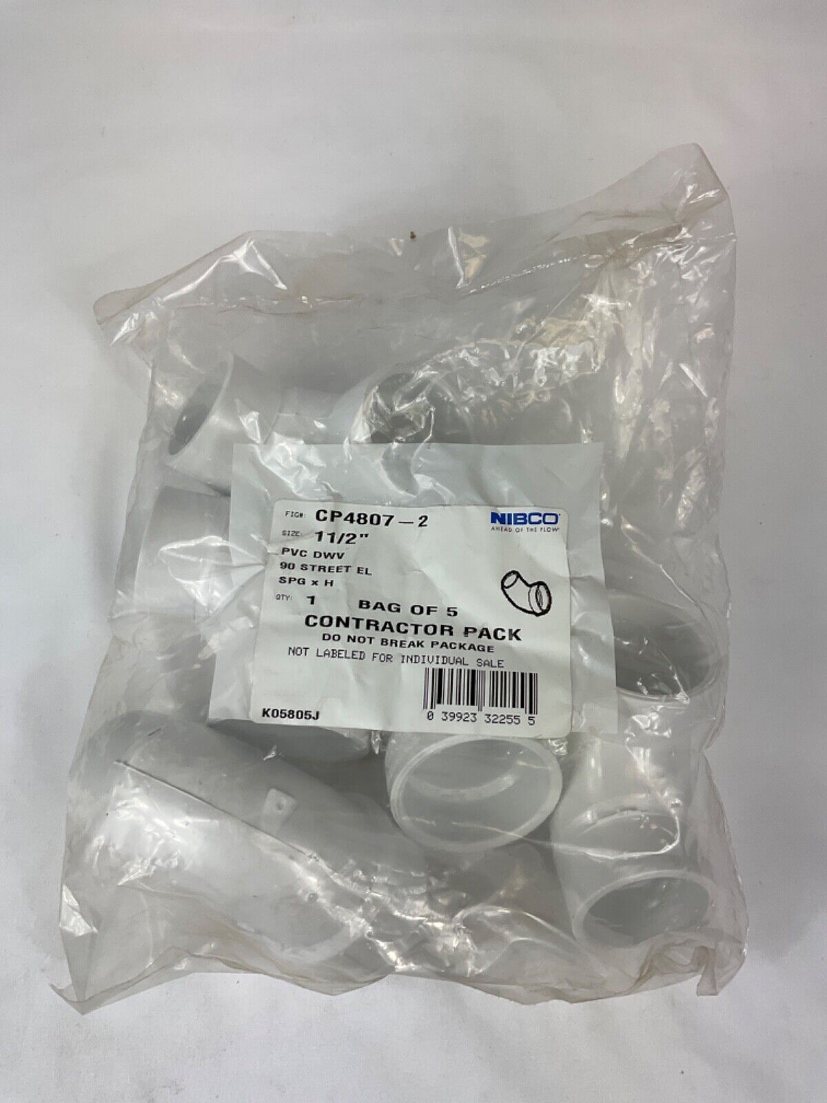 Nibco CP4807-2 1 1/2" PVC DWV 90 Street Elbow Bag of 5