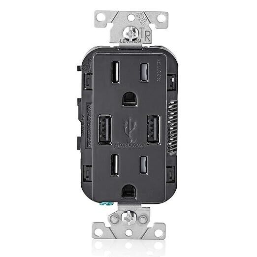 Leviton Residential Duplex USB Charger/Tamper Resistant Outlet T5832-E Black
