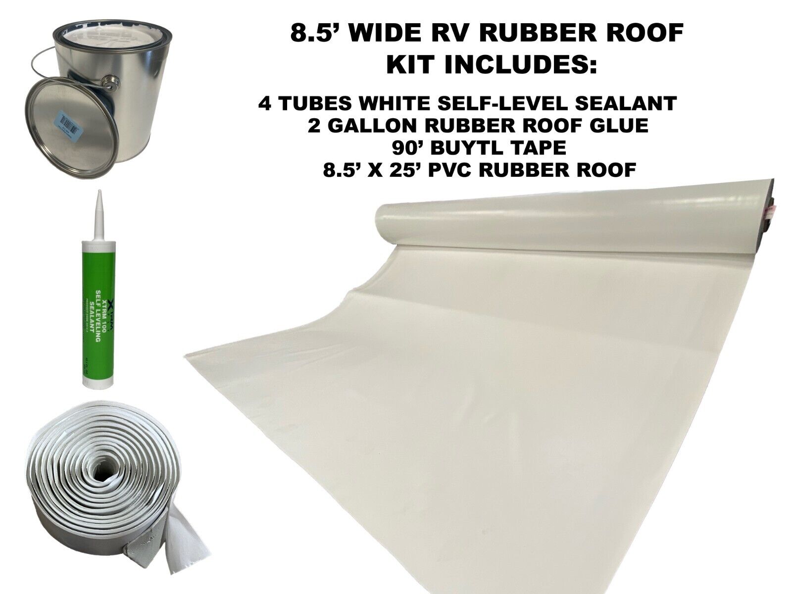 8.5' Width x 25' Length PVC RV Rubber Roof Installation Kit Bright White