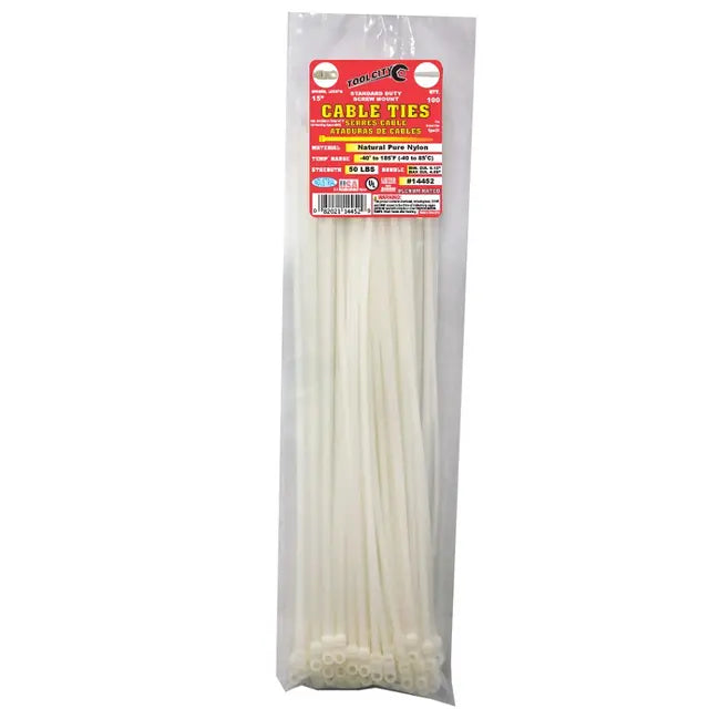 Tool City Natural 14.5" 50 lb. Tensile Standard Duty Screw Mount Cable Ties, 100 Piece White