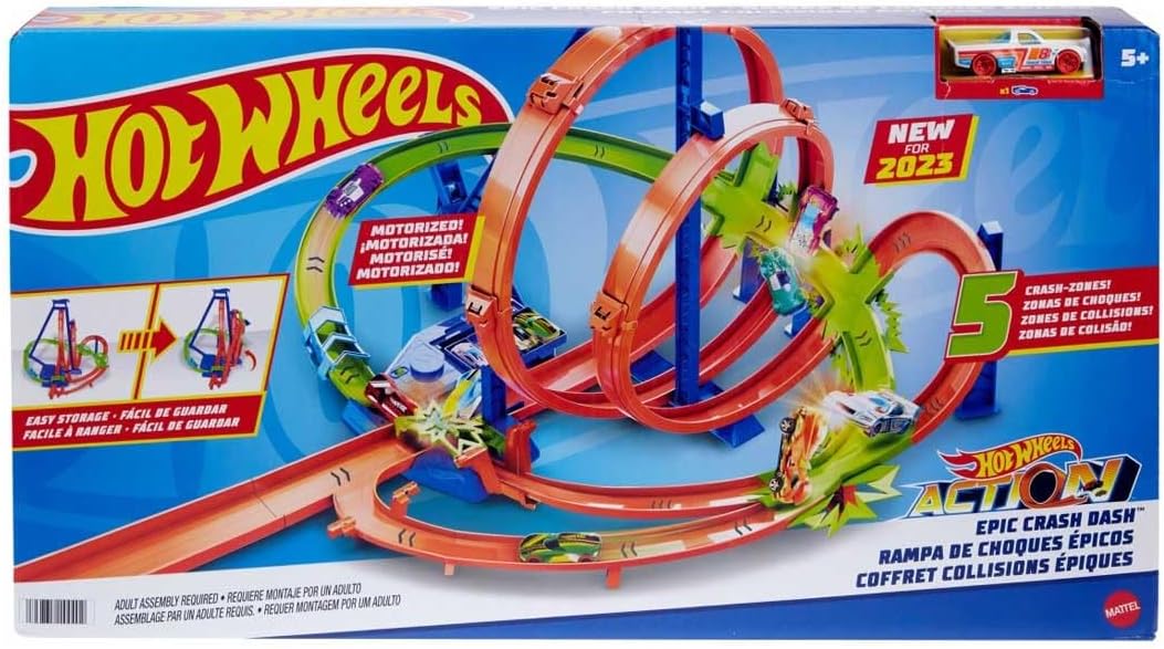 Hot Wheels Track Set With 5 Crash Zones, Motorized Booster And 1 Hot Wheels Car