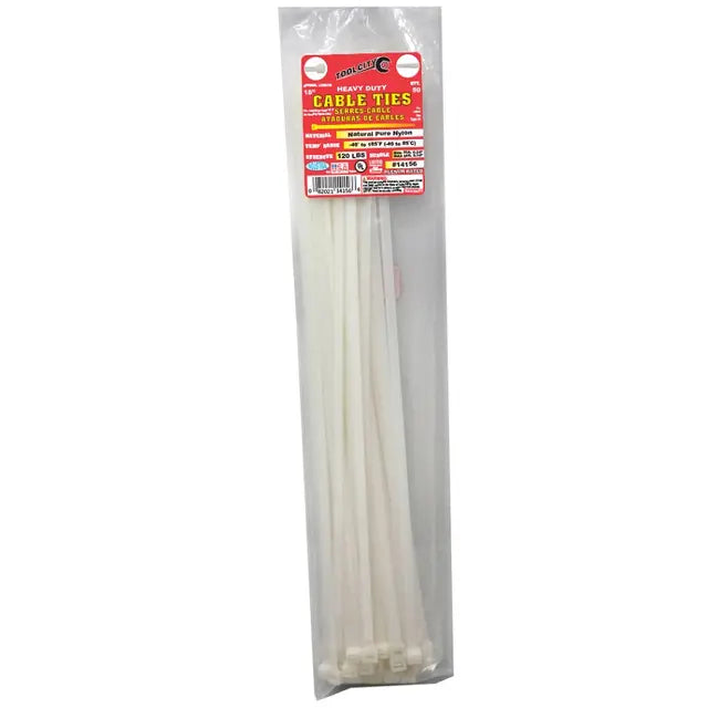 Tool City Natural 18" 120 lb. Tensile Heavy Duty Cable Ties, 50 Piece White