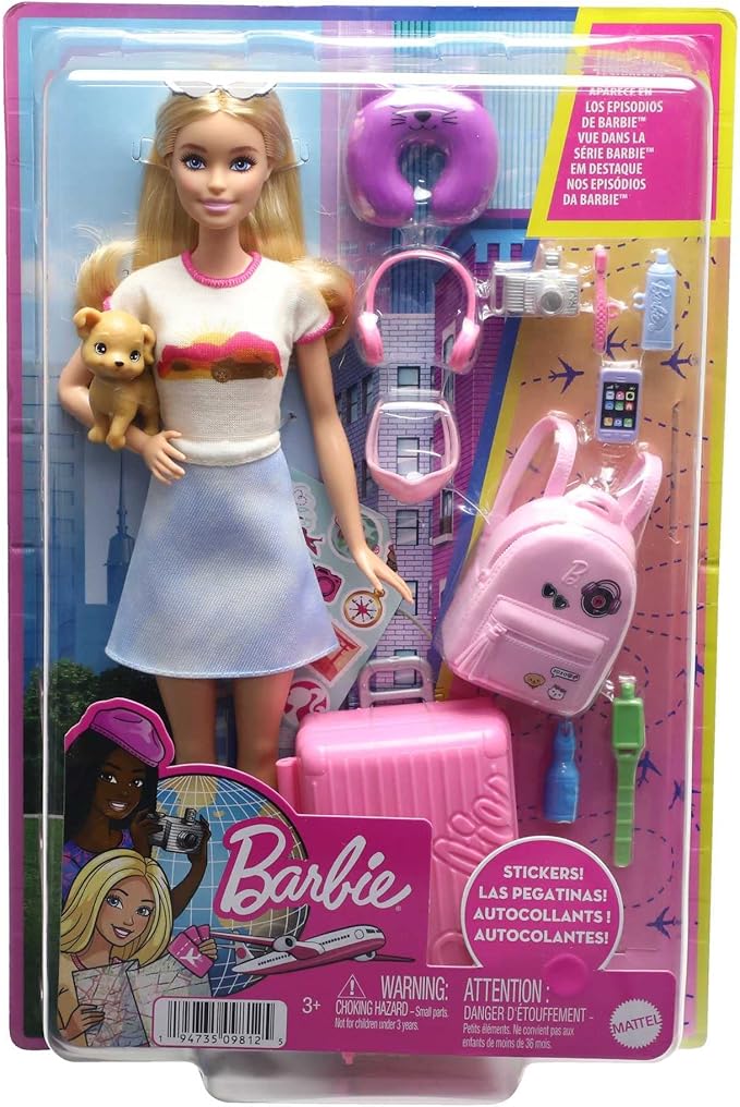 Barbie Doll & Accessories, Travel Set with Puppy and 10+ Pieces