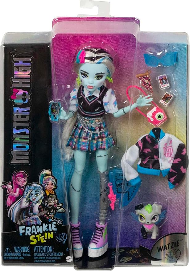 Monster High Doll, Frankie Stein with Blue & Black Streaked Hair in Signature Look with Fashion Accessories & Pet Dog Watzie