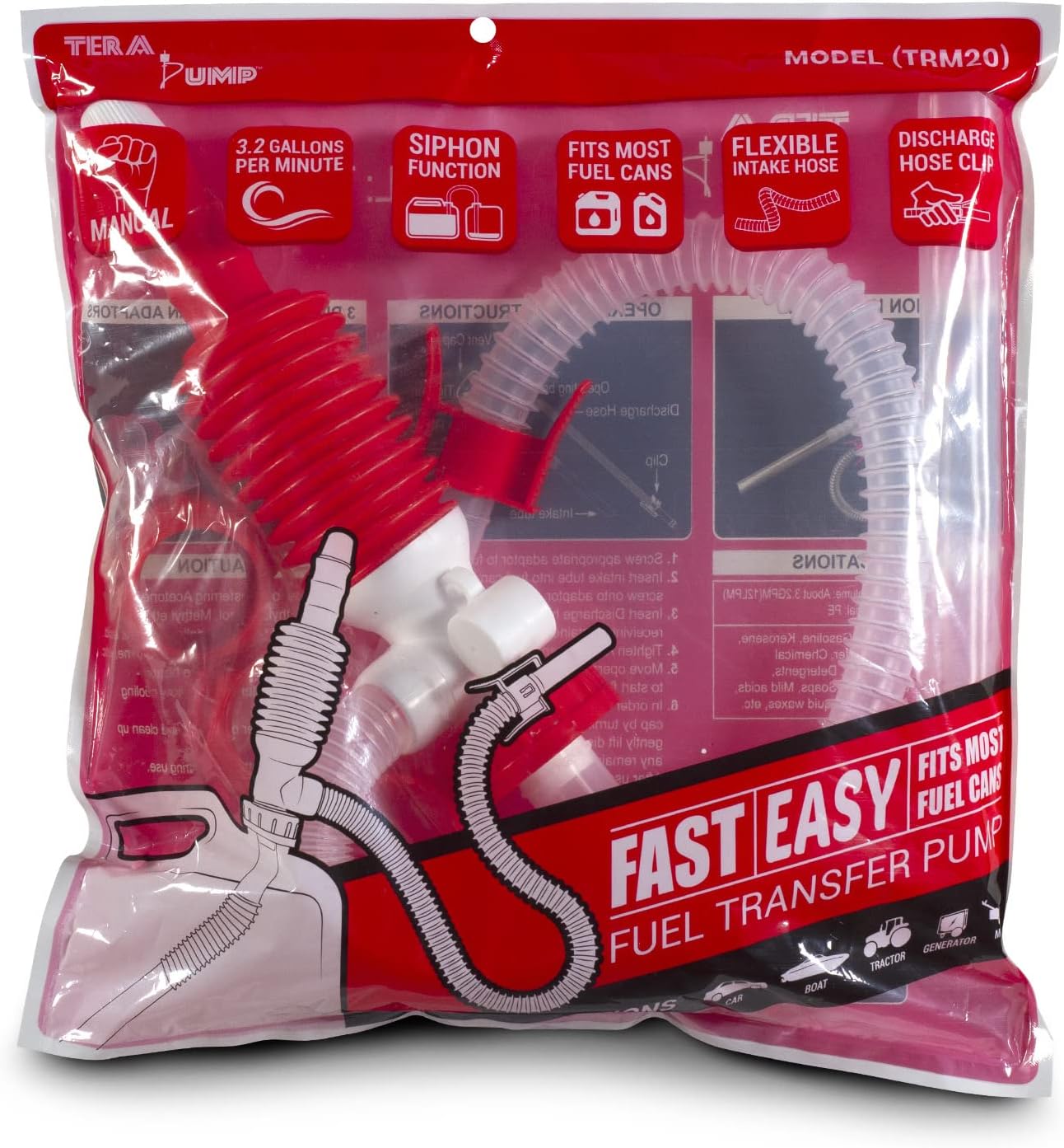 TERA PUMP TRM20 Manual Fuel Transfer Pump w/Bendable Intake hose and 3 different gas can adapters