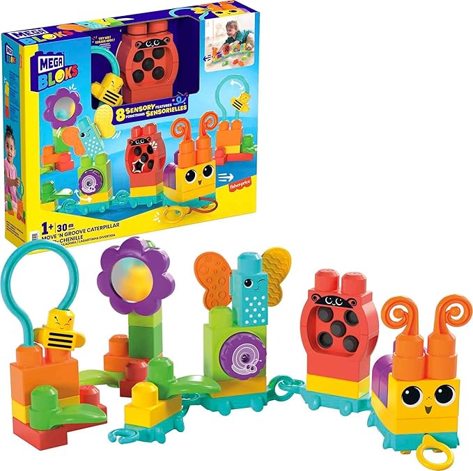 Mega BLOKS Fisher-Price Toddler Building Blocks Toy Set, Move ‘n Groove Caterpillar Train with 24 Pieces