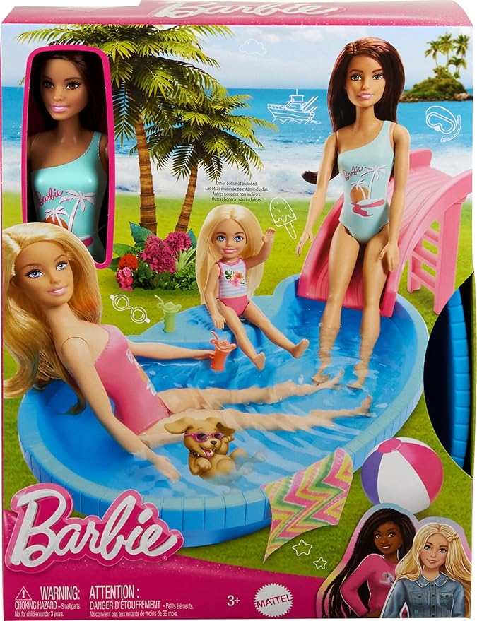 Barbie Doll And Pool Playset, Brunette With Pool, Slide, Towel And Drink Accessories