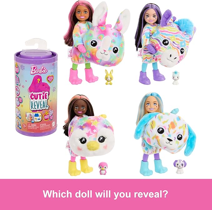 Barbie Cutie Reveal Chelsea Doll & Accessories, Color Dream Series Small Doll in Animal Costume with 6 Surprises Including Color Change (Styles May Vary)