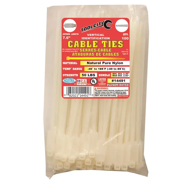Tool City Natural 7.6" 50 lb. Tensile Vertical Light Duty Cable Ties, 100 Piece White