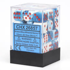 Gemini Astral Blue-White/red 12mm d6 Dice Block (36 dice)