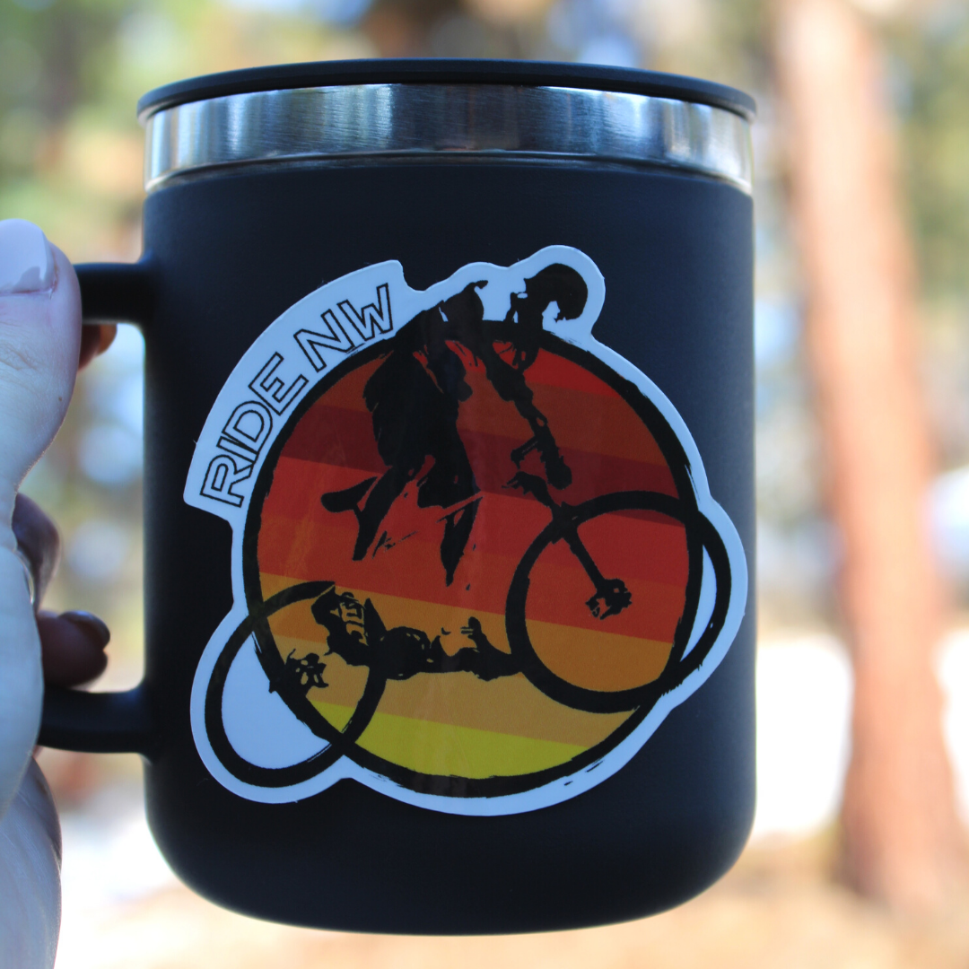 Yellow-to-Orange Stripes Circle Mountain Biker Ride NW Sticker