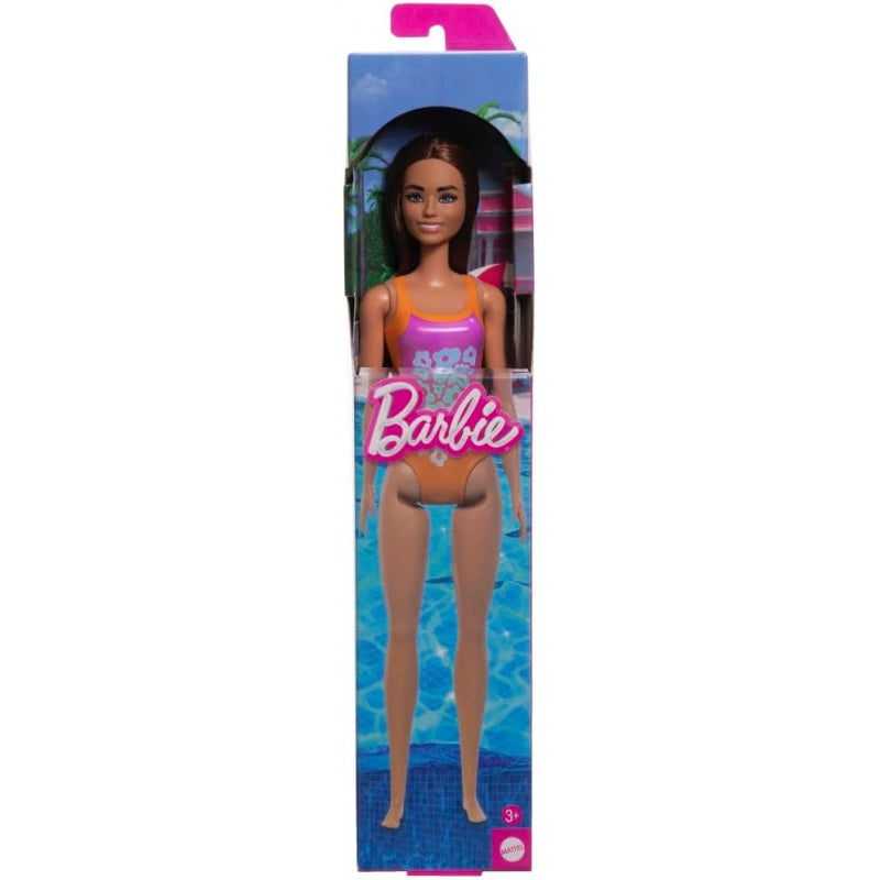Beach Barbie Doll With Light Brown Hair Wearing Tropical Pink And Orange Swimsuit