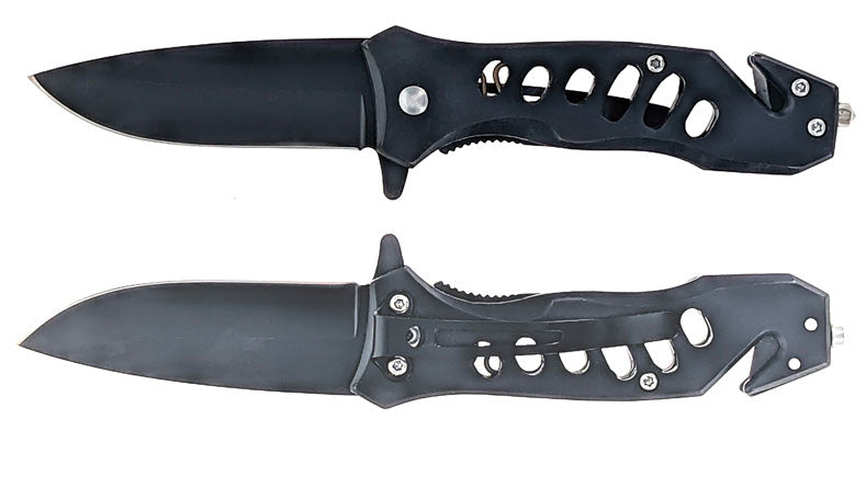 3.75" Spring Assisted Drop Point Black Survival Knife With Window Breaker & Seatbelt Cutter
