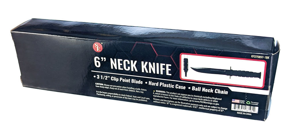 6" Clip Point Neck Knife, Black Handle/Black Blade, Ball Neck Chain