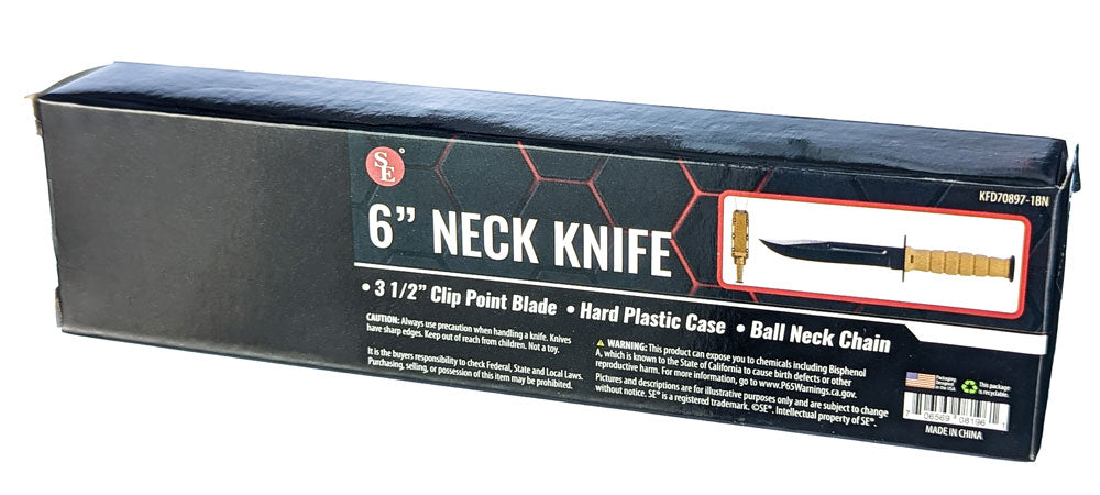 6" Clip Point Neck Knife, Beige Handle/Black Blade, Ball Neck Chain