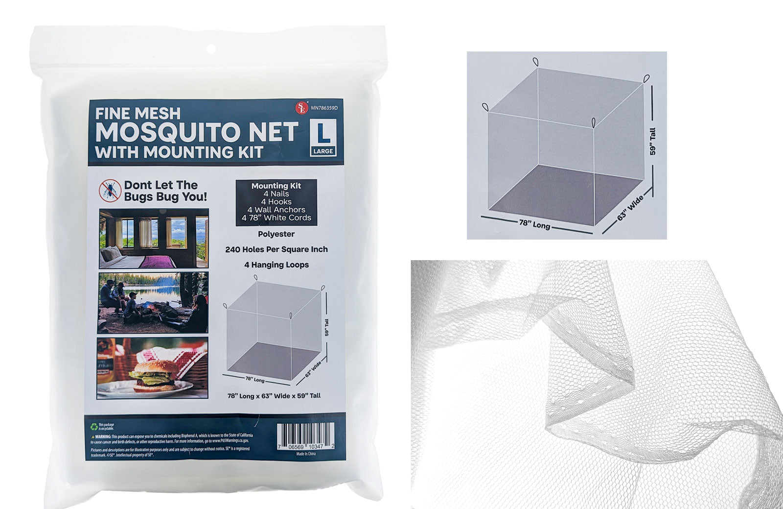 SE Fine Mesh Large "Square" Polyester Mosquito Net with Mounting Ki