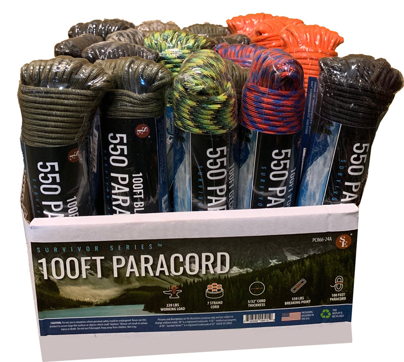 100' / 5/32" 7-Strand Assorted Color Paracords, 550 LBS Pull Strength