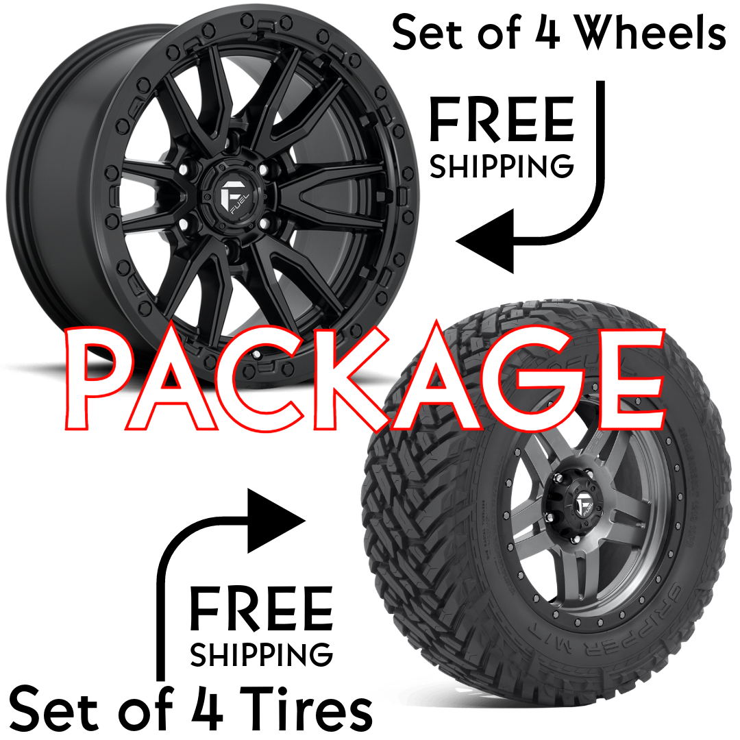 SET OF 4 WHEEL & TIRE PACKAGE FUEL REBEL 20X10 -18 6X139 | FUEL MUD GRIPPER LT33X12.50R20
