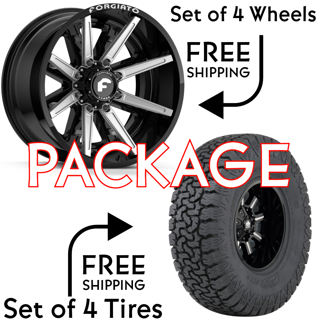 SET OF 4 WHEEL & TIRE PACKAGE 24x12 -44 5X127/139.7 FORGIATO FLOW TERRA 005 | AMP PRO AT 33X12.50R24LT