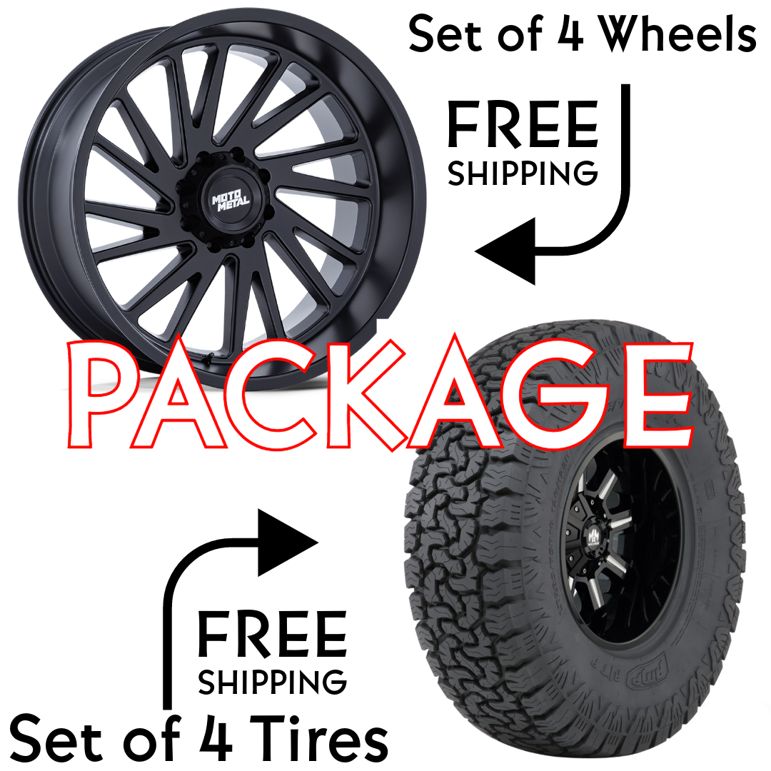 SET OF 4 WHEEL & TIRE PACKAGE - MOTO METAL MO811 COMBAT 20X10 -18 6X135 MATTE BLACK | AMP PRO AT 33X12.50R20