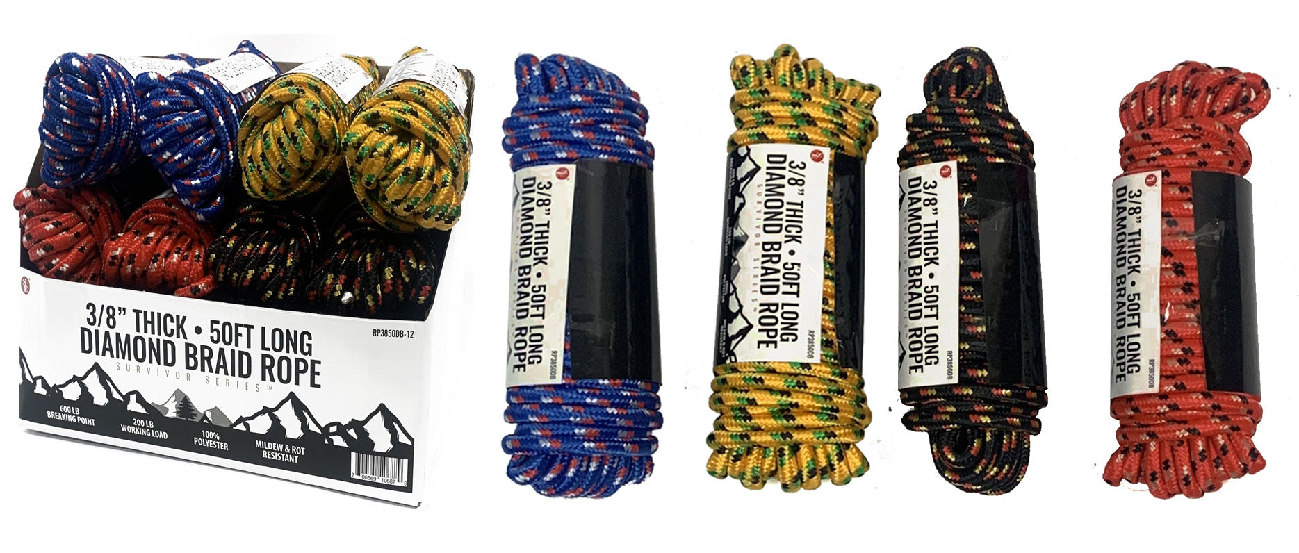 SE 50' x 3/8" Diamond Braid Polyester Rope - 600 lbs Breaking Strength / 200 lbs Working Load