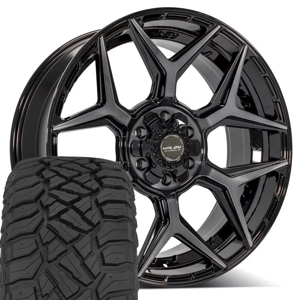 4PLAY 4P06 22x9 6x135 + 6x139.7 Gloss Black Brushed with Tinted Clear Wheels 285-45-22 Sailun TerraMax RT Tires SET