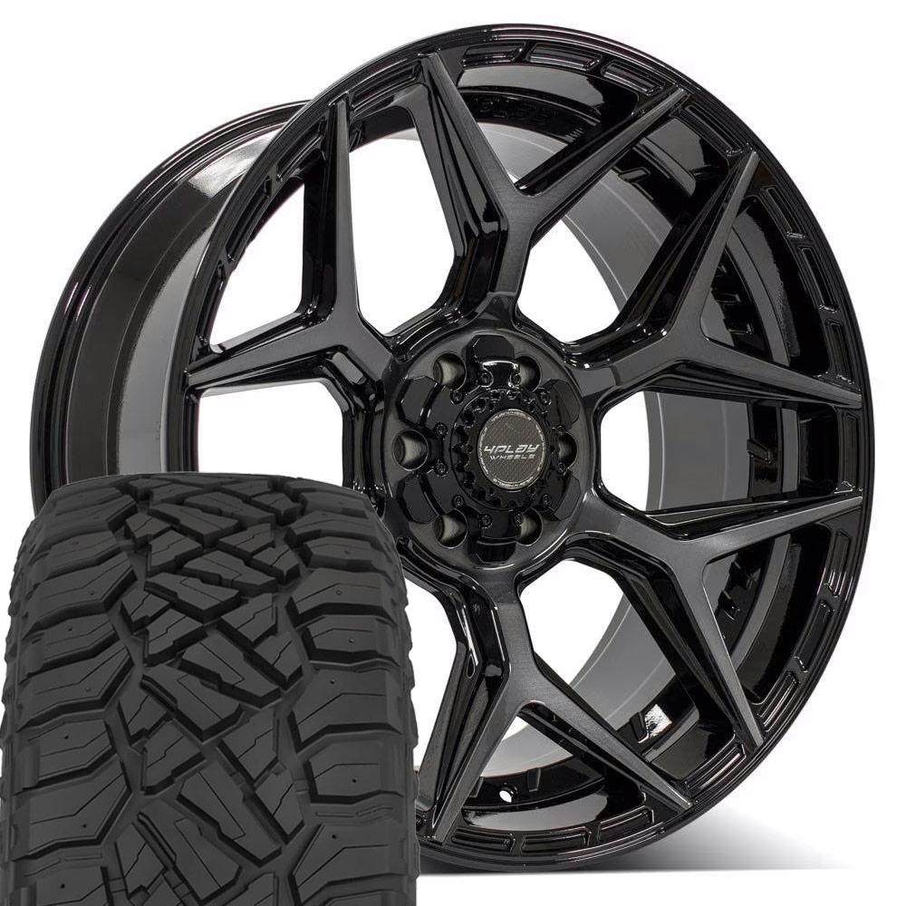 4PLAY 4P06 22x10 6x135 + 6x139.7 Gloss Black Brushed with Tinted Clear Wheels 33x12.50-22 Sailun TerraMax RT Tires SET