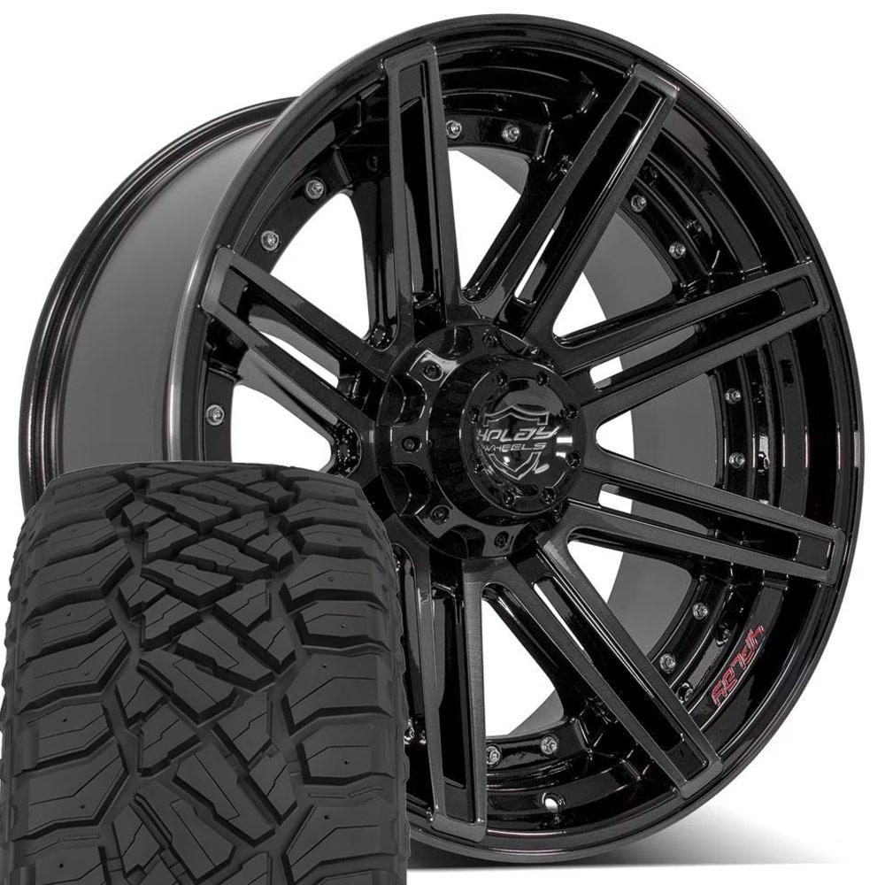 4PLAY 4P08 22x10 5x127 + 5x139.7 Gloss Black Brushed with Tinted Clear Wheels 285-45-22 Sailun TerraMax RT Tires SET