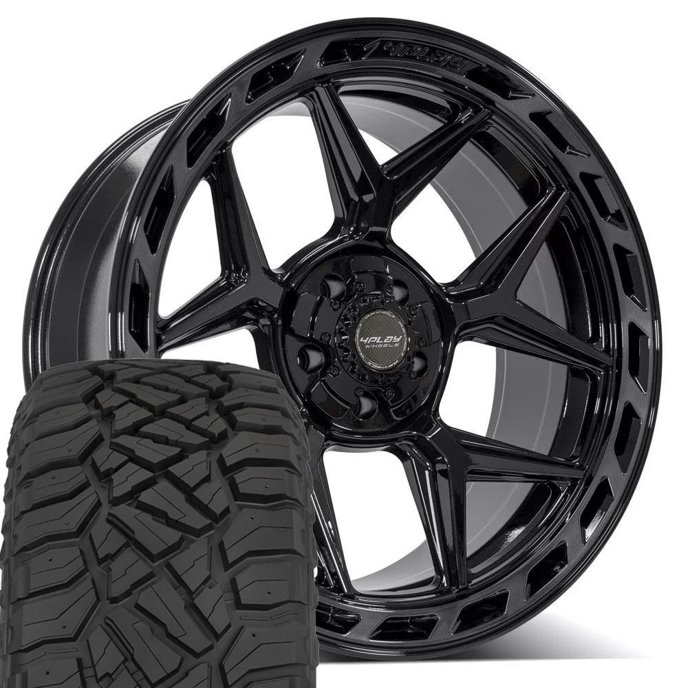 4PLAY 4P55 22x10 5x127 + 5x139.7 Gloss Black Brushed with Tinted Clear Wheels 33x12.50-22 Sailun TerraMax RT Tires SET