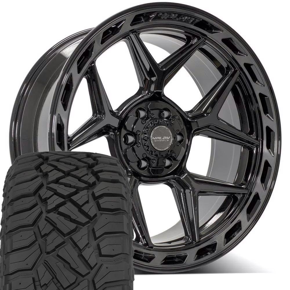 4PLAY 4P55 22x10 6x135 + 6x139.7 Gloss Black Brushed with Tinted Clear Wheels 33x12.50-22 Sailun TerraMax RT Tires SET