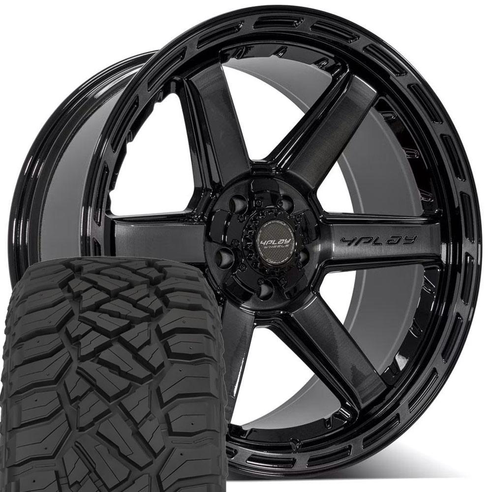 4PLAY 4P63 22x10 5x127 + 5x139.7 Gloss Black Brushed with Tinted Clear Wheels 33x12.50-22 Sailun TerraMax RT Tires SET