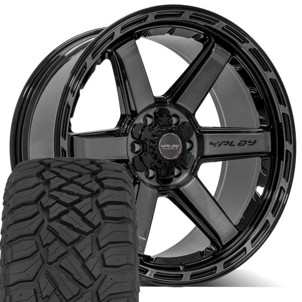 4PLAY 4P63 22x10 6x135 + 6x139.7 Gloss Black Brushed with Tinted Clear Wheels 33x12.50-22 Sailun TerraMax RT Tires SET