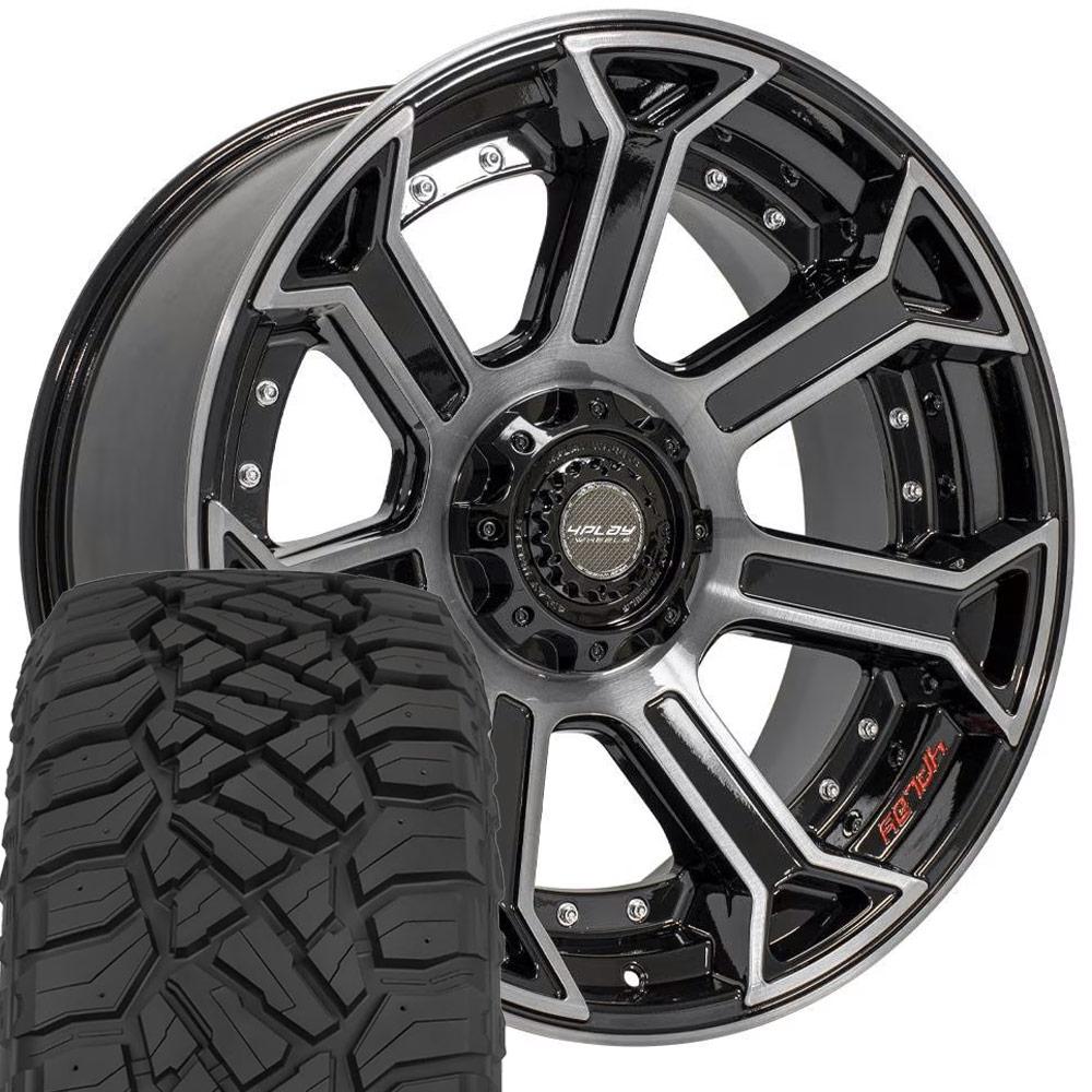 4PLAY 4P70 22x10 5x127 + 5x139.7 Gloss Black Brushed Wheels 285-45-22 Sailun TerraMax RT Tires SET