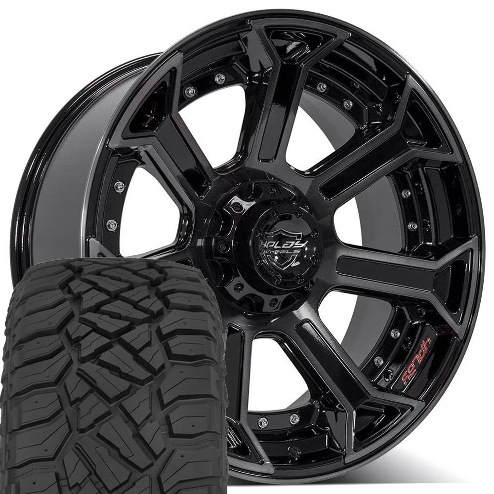 4PLAY 4P70 22x10 5x127 + 5x139.7 Gloss Black Brushed with Tinted Clear Wheels 33x12.50-22 Sailun TerraMax RT Tires SET (5)