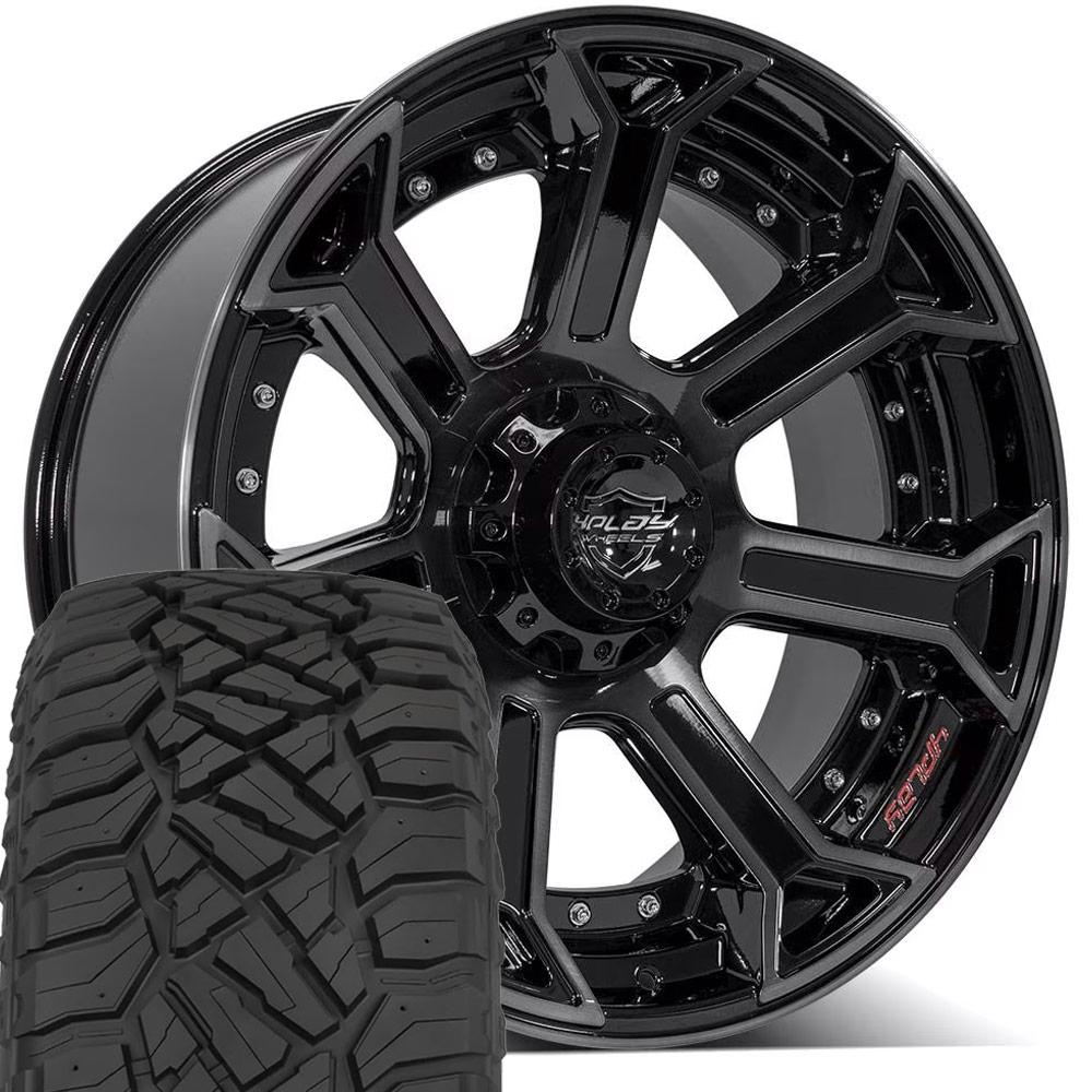 4PLAY 4P70 22x10 6x135 + 6x139.7 Gloss Black Brushed with Tinted Clear Wheels 285-45-22 Sailun TerraMax RT Tires SET