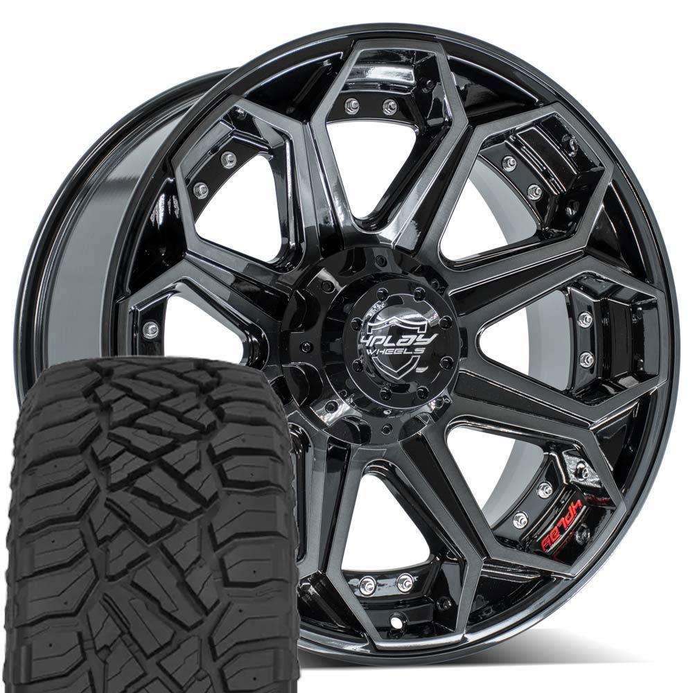4PLAY 4P80R 20x9 5x127 + 5x139.7 Gloss Black Brushed with Tinted Clear Wheels 275-55-20 Sailun TerraMax RT Tires SET
