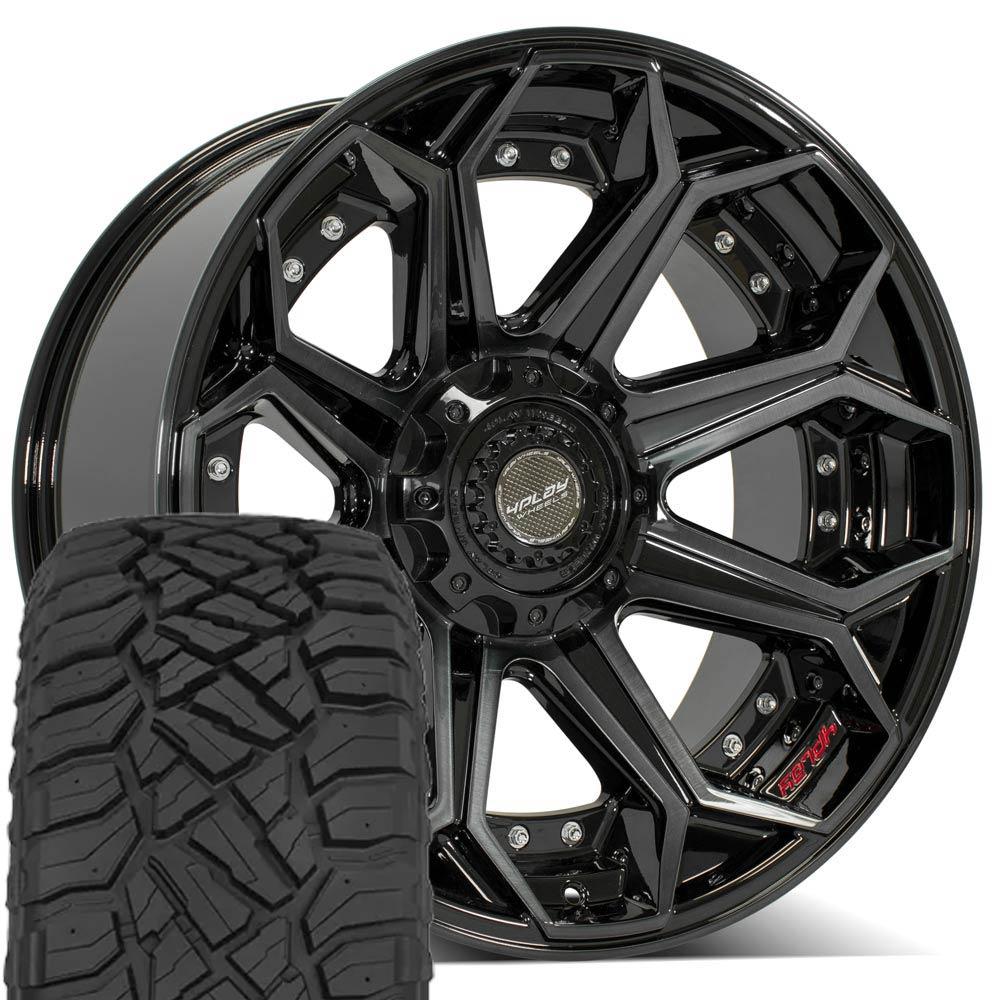 4PLAY 4P80RF 22x10 5x127 + 5x139.7 Gloss Black Brushed with Tinted Clear Wheels 285-45-22 Sailun TerraMax RT Tires SET