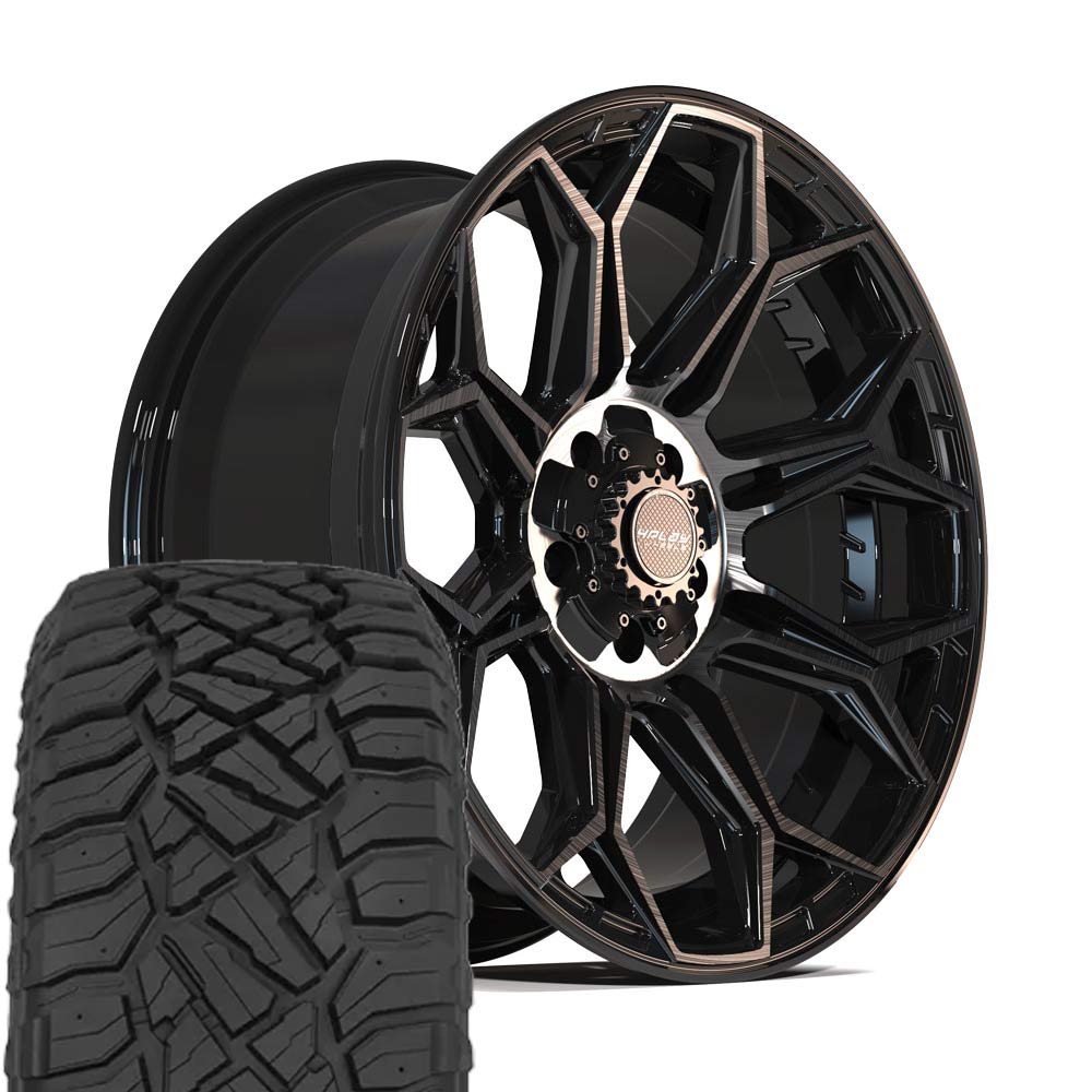4PLAY 4P83 20x9 5x127 + 5x139.7 Gloss Black Brushed with Tinted Clear Wheels 275-55-20 Sailun TerraMax RT Tires SET