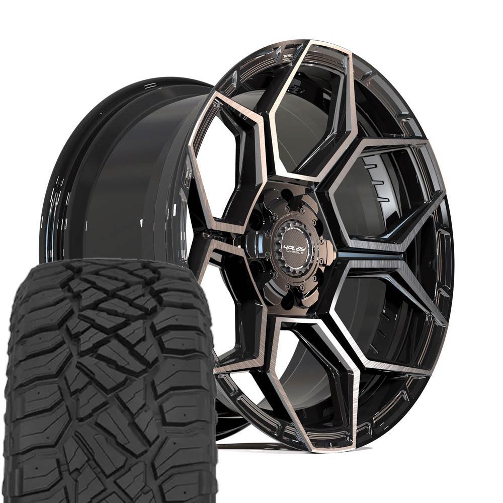 4PLAY 4PS26 22x10 6x135 + 6x139.7 Gloss Black Brushed with Tinted Clear Wheels 285-45-22 Sailun TerraMax RT Tires SET