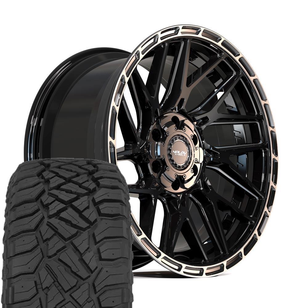 4PLAY 4PS28 17x9 5x127 + 5x139.7 Gloss Black Brushed with Tinted Clear Wheels 33x12.50-17 Sailun TerraMax RT Tires SET (5)