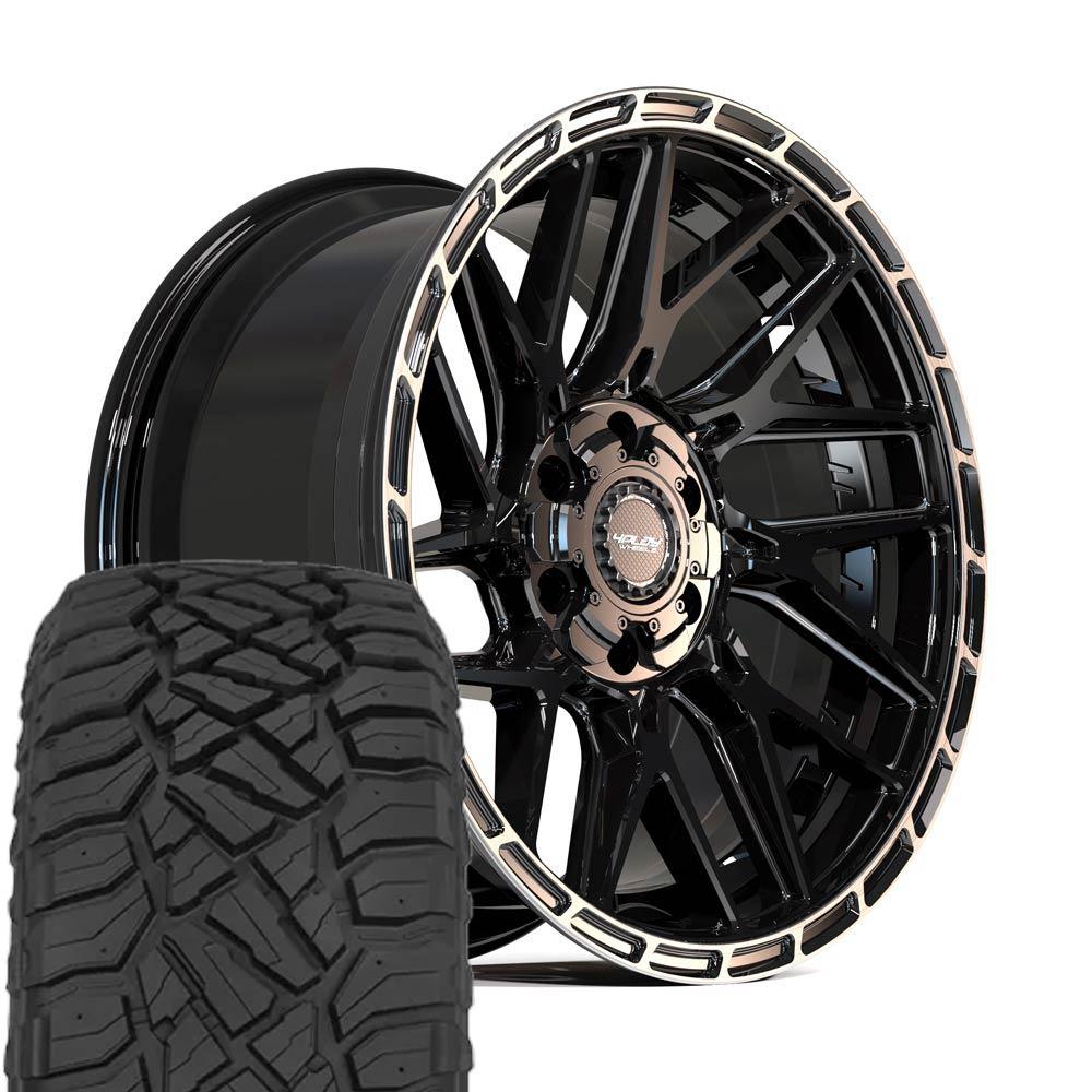 4PLAY 4PS28 22x10 6x135 + 6x139.7 Gloss Black Brushed with Tinted Clear Wheels 33x12.50-22 Sailun TerraMax RT Tires SET